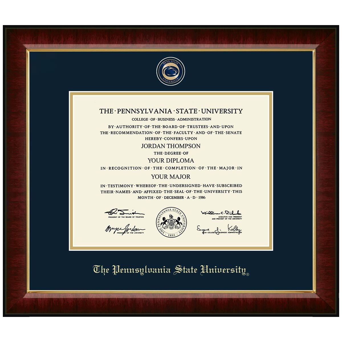 diploma frame with Murano moulding, Penn State University Athletic Logo medallion
